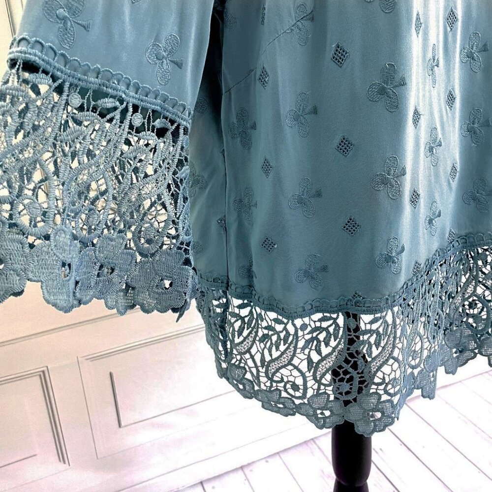 Dusty Blue Embroidered Blouse long Lace edges Alessa W 10